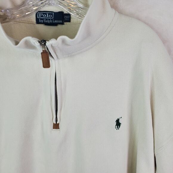 Polo Ralph Lauren Sweater Men 2XLT Tall Cream 1/4 Zip Pullover Cotton Green Pony - Picture 1 of 9